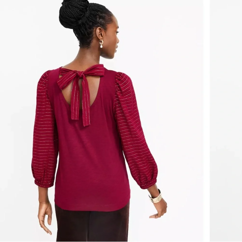 LOFT Women’s Shimmer Tie Back Mixed Media Top Blouson Plum Small